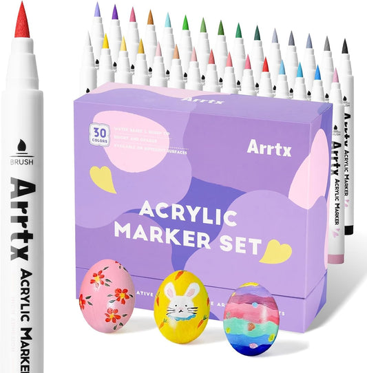 Arrtx 30 Colors Acrylic Paint Pens for Rock Painting, Extra Brush Tip, Water Based Paint Markers for Stone, Glass, Easter Egg, Wood and Fabric Painting-No Toxic,No Odor