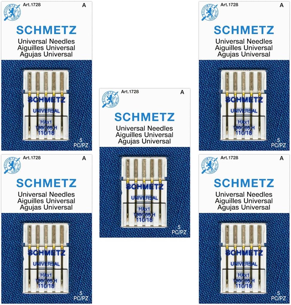 SCHMETZ Universal Sewing Machine Needles - Size 110/18, 5-Needle Cards, Pack of 5