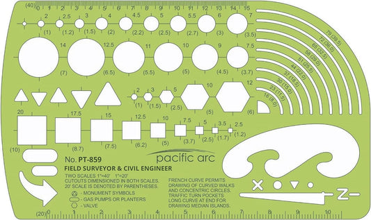 Pacific Arc - Survey & Civil Engineer Template - Drawing Aid Stencil for Professional or School Work - Size 3.87 x 6.5 inch