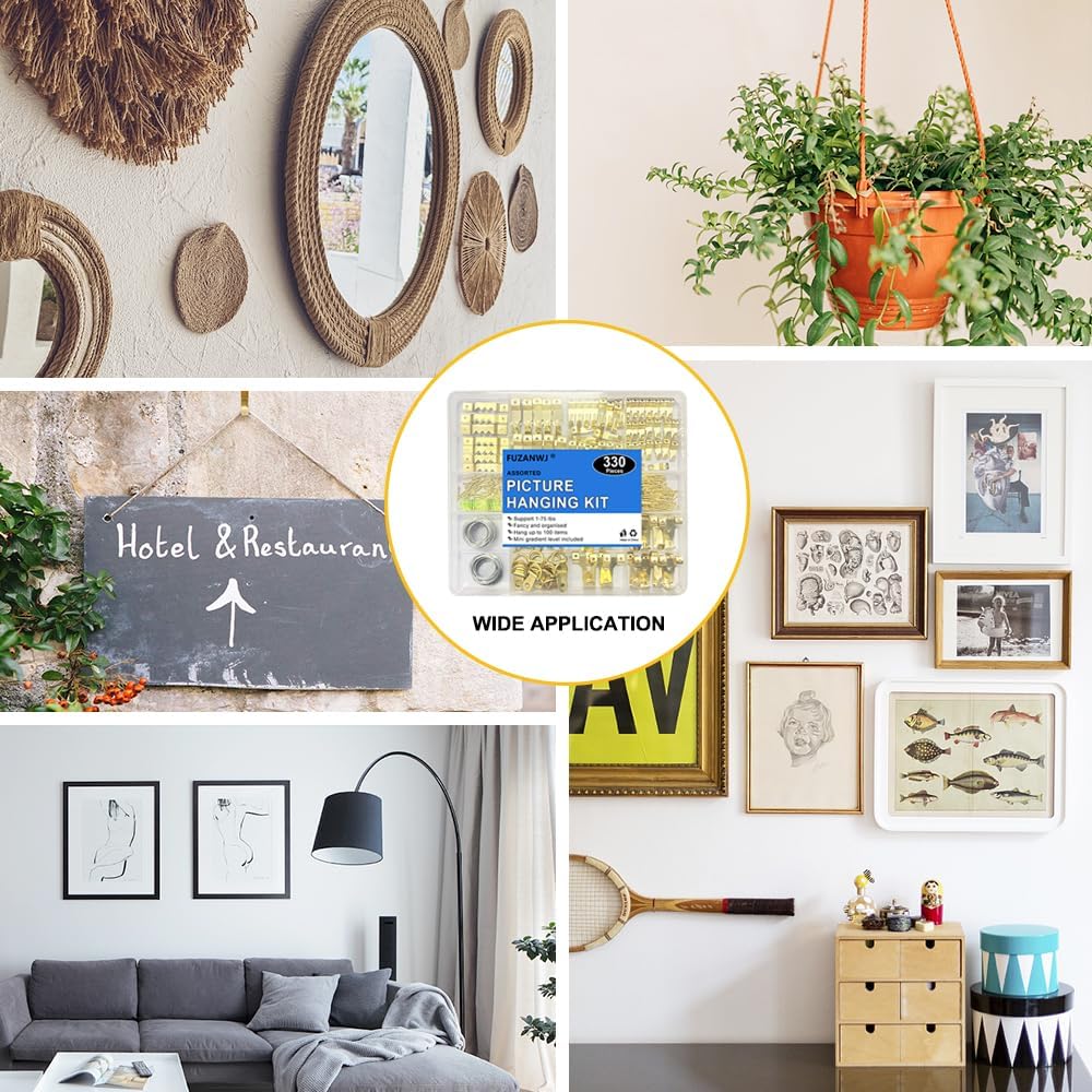 330pcs Picture Hangers Kit - Holds 10-75lbs, With Hanging Wire, Ring Hooks, D Rings, Sawtooth Hangers for Frame, Canvas, Mirror Decoration