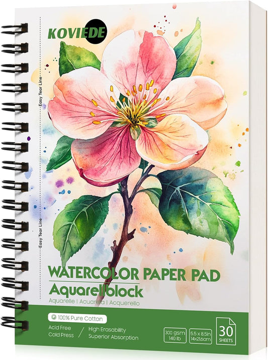 KOVIEDE 100% Cotton Watercolor Paper Pad - 30 Sheets 5.5"x8.5" Spiral Bound, 140lb/300gsm Cold Press Watercolor Sketchbook, Artist Quality Art Journal Supplies for Adults, Kids & Beginners, Green