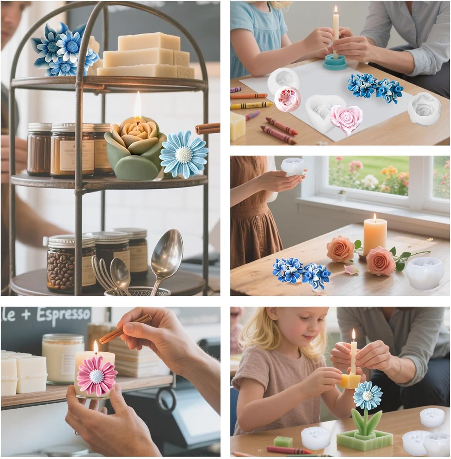 6Pcs Flower Candle Silicone Mold 3D Flower Resin Candle Molds for Candle Making with Wicks DIY Soap Wax Resin Craft Mould Home Art Decoration Box Packaging
