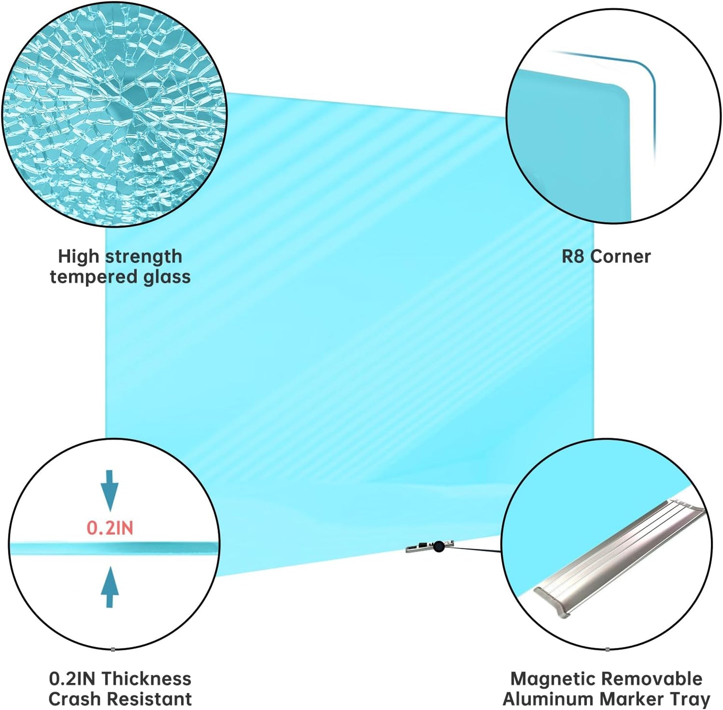 Magnetic Glass Whiteboard - Glass Dry Erase Board 48"x36" Large Frameless Glass Board for Walls Office School and Home, Blue