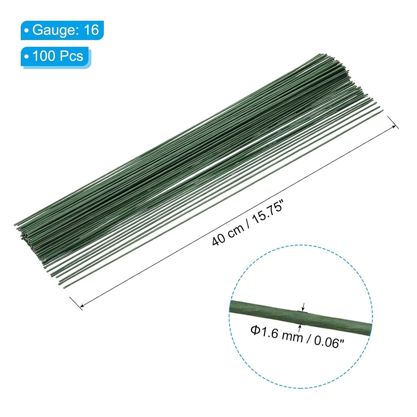 PATIKIL 16 Gauge 16" Floral Stem Wire, 100 Pcs Paper Wrapped Iron Artificial Flower Stem Accessories for DIY Bouquet Stem and Craft Decoration, Dark Green
