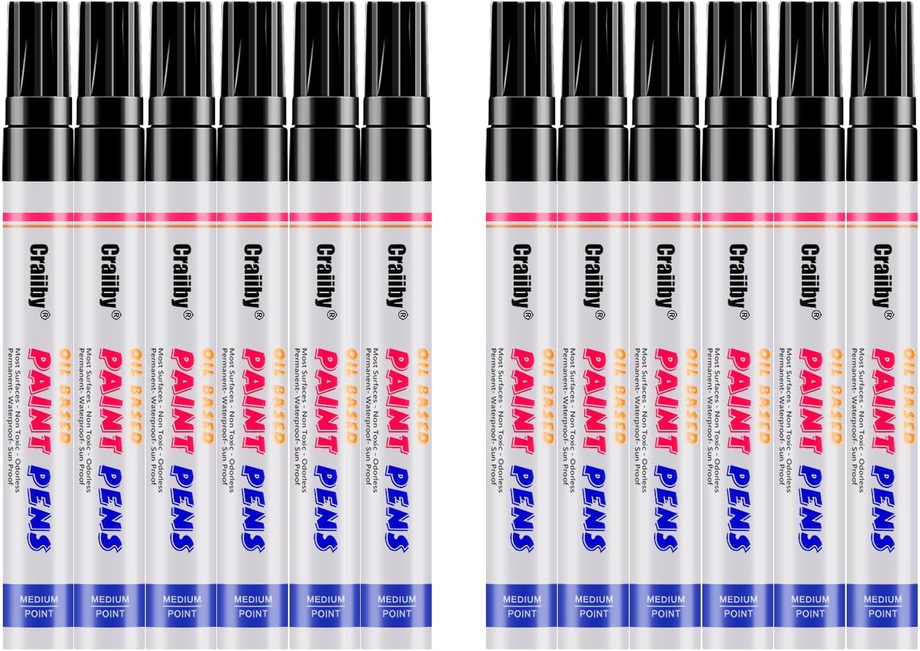 Black Paint Markers, 12 Pack Oil-Based Waterproof Quick Dry Permanent Paint Pen Set for Rocks Painting, Wood, Fabric, Plastic, Canvas, Glass, Mugs, Metal, Tire, Stone, DIY Craft