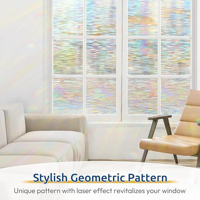 rabbitgoo Window Privacy Film with Installation Tools, Stained Glass Window Film Rainbow Prism Decorative Glass Clings for Home Decor, Static Cling Covering Sun Blocking, 23.6" x 118.1"
