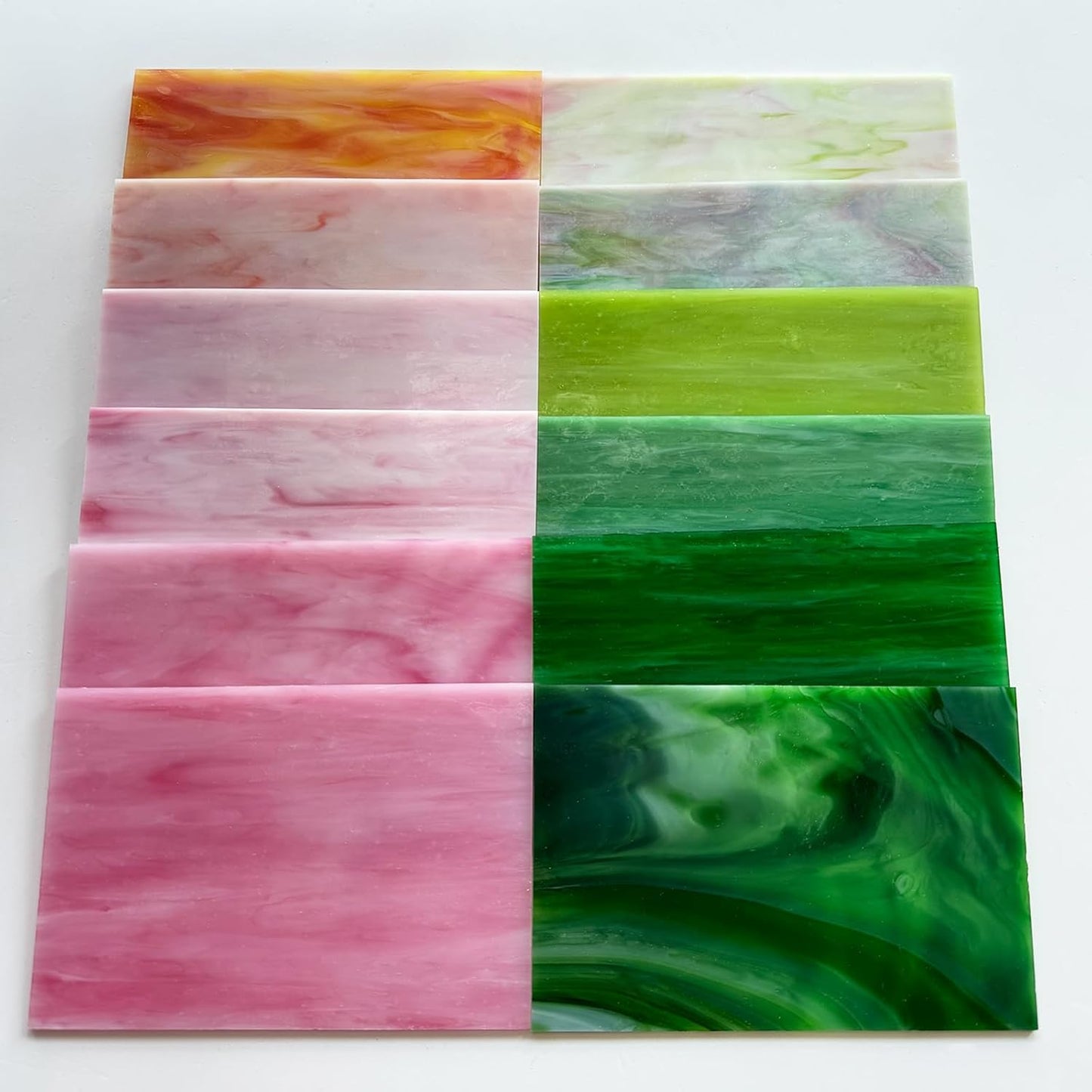 ILLUCKAI 12 Sheets Stained Glass Sheet Pink and Green Collection, 6 x 4 inch Stained Glass Mosaic Tiles for Stained Glass Projects Mosaic Crafts