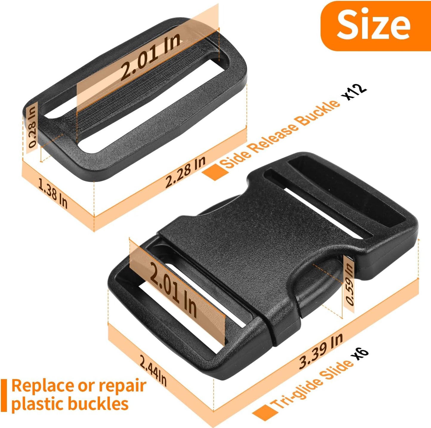 2" Heavy-Duty Buckle & Straps Set: 6-Pack Side Release Plastic Buckles, 6 Yards of Thick Nylon Webbing, 12 Tri-Glide Slide Clips, No Sewing Required (2" Combo Set)