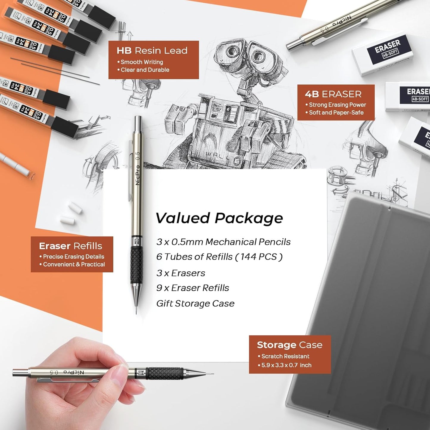 Nicpro 0.7 mm Art Mechanical Pencil Set in Storage Case, 3 PCS Metal Drafting Pencil Lead Pencil with 6 Tube HB Lead Refills, 3 Erasers, 9 PCS Eraser Refills for Artist Writing, Drawing, Sketching