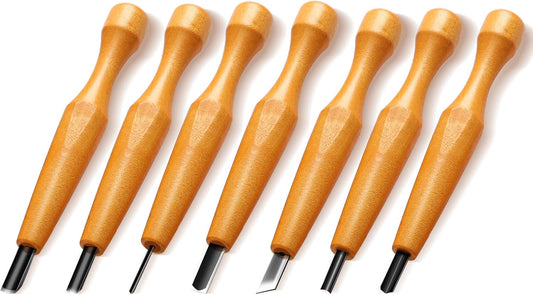 Lasnten 7 Pcs Wood Pumpkin Carving Tools Set Linoleum Hand Wood Knife Chisels Flat V-shaped Half Round Angled Gouge Carving Kit for DIY Linocut Printmaking Woodblock