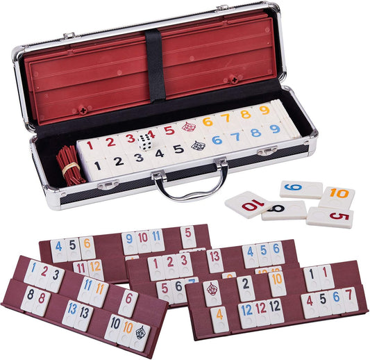 Doublefan Rummy Cube 4 Player Edition, 106 Rummy Cube Game Set with with 4 Plastic Racks in Portable Aluminum Case, Classic Board Game for Adults and Elderly.