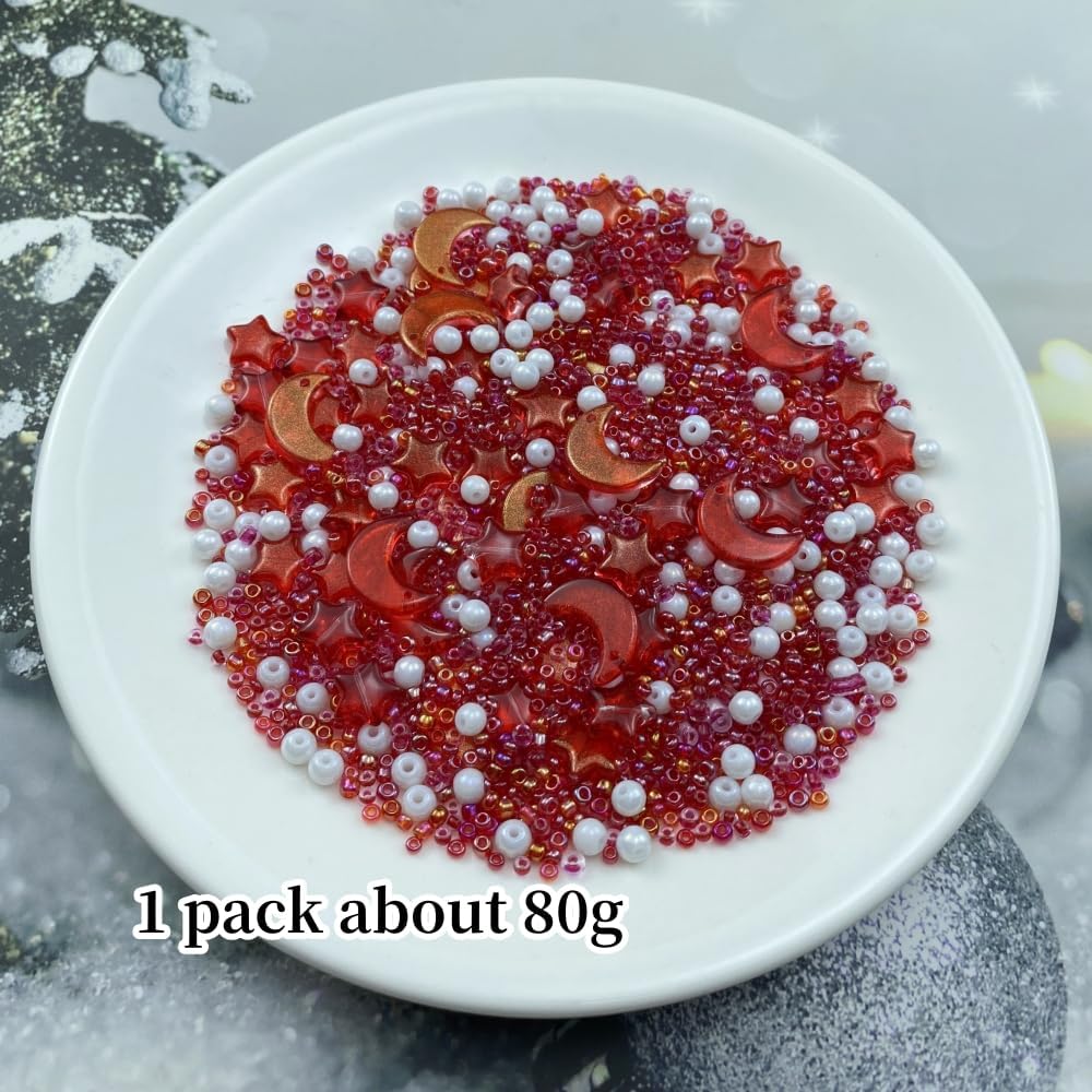 Assorted Glass Beads for Jewelry Making Multi Size Colors Glass Star Moon Seed Pearl Spacer Beads for Bracelets Necklace Earring Making(White Red)