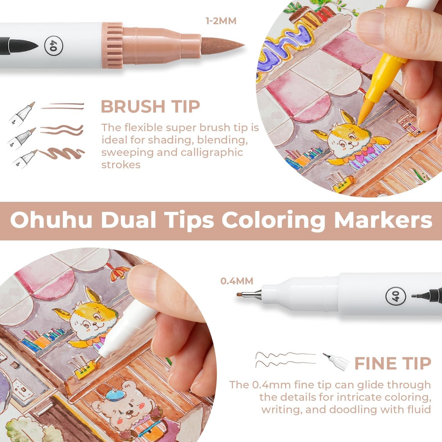 Ohuhu Markers for Adult Coloring Books No Bleeding 120 Colors Coloring Markers Water-based Dual Tips Fineliner & Brush Drawing Pens Art Pens for Kids Adults Sketch Journal - Maui - White