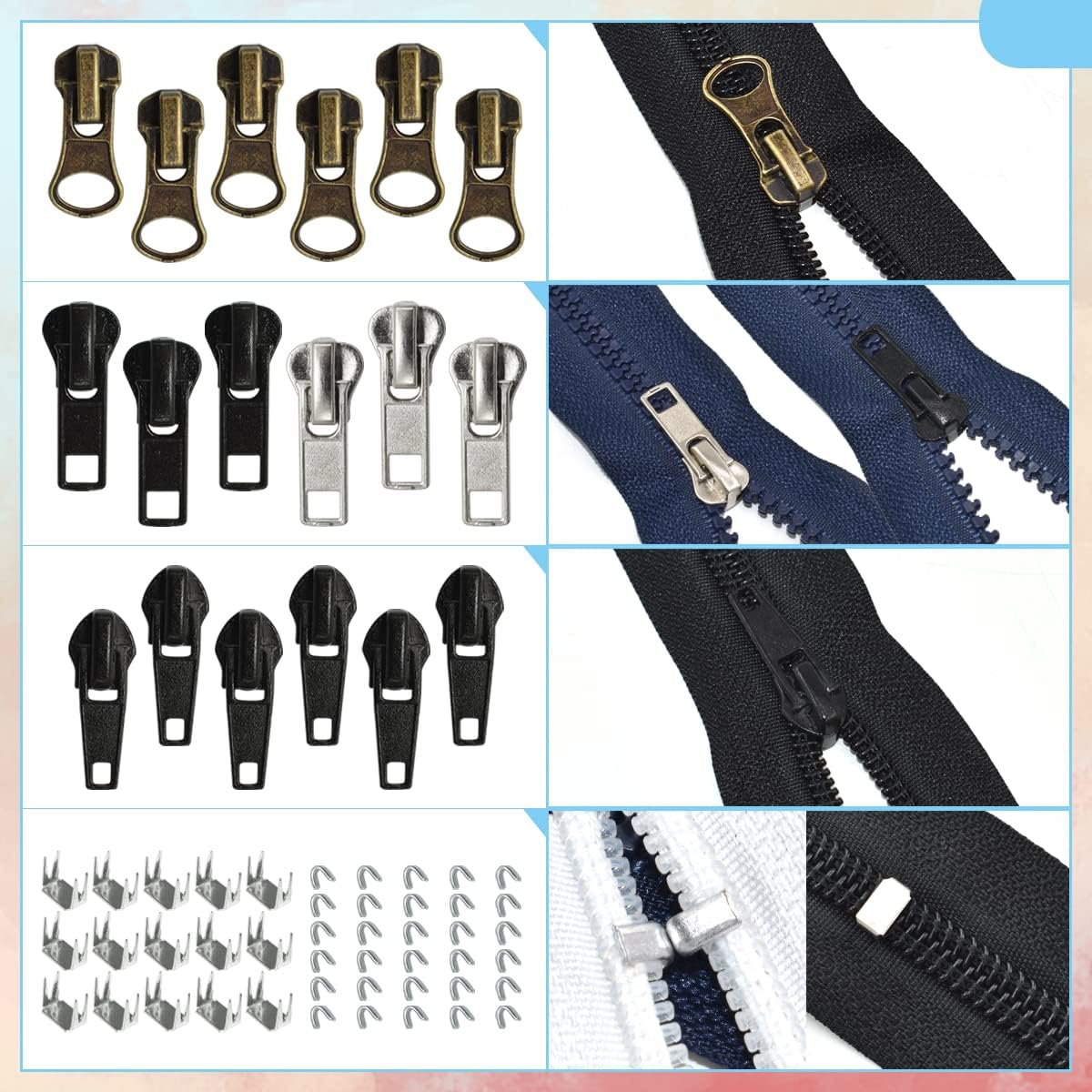 24 Pcs #5#7 Zipper Sliders Replacement Zipper Pull Repair Kit Includes Top and Bottom Stoppers for Clothing Bags Purses Luggage Metal Plastic Nylon Coil Jacket Zippers Supplies