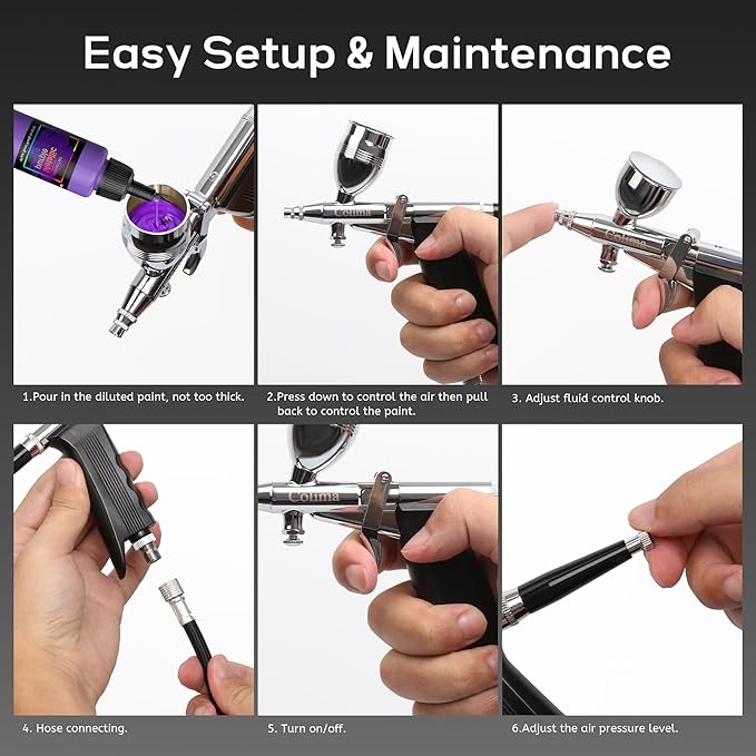 Colima Professional Dual-Action Trigger Airbrush Kit with 3 Nozzle Sizes (0.3mm/0.5mm/0.8mm) & 5 Paint Cups (2cc-40cc) Perfect for Tattoo, Makeup, Nail Art, Model Painting, Cake Decorating & Hobby Art
