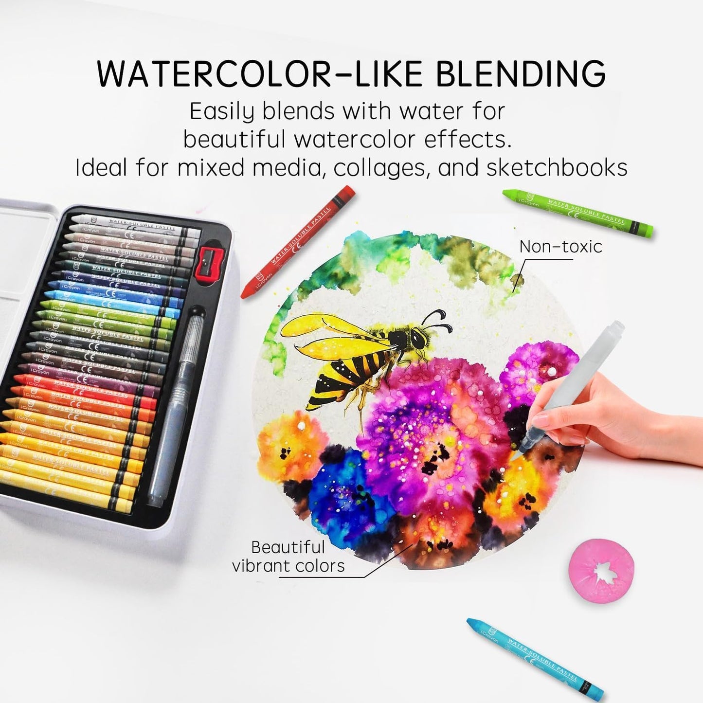 25 Colors Water Soluble Pastels, Watercolor Pastels Set for Beginners and Hobbyists, Includes Sharpener, Palette & Brush for Vibrant Art Creations (Europe)