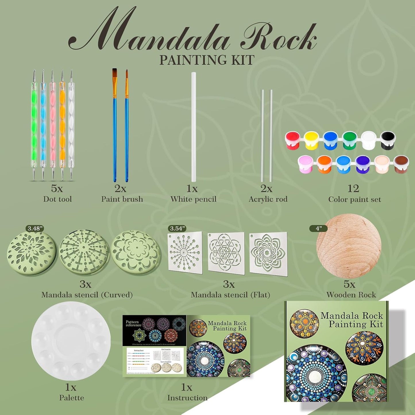Mandala Rock Painting Kit - Mandala Dotting Tools Kit - 5 Large Wooden Rocks for Painting with Stencil Supplies, Dotting Tools for Paint Rocks - Dot Art and Crafts for Adults