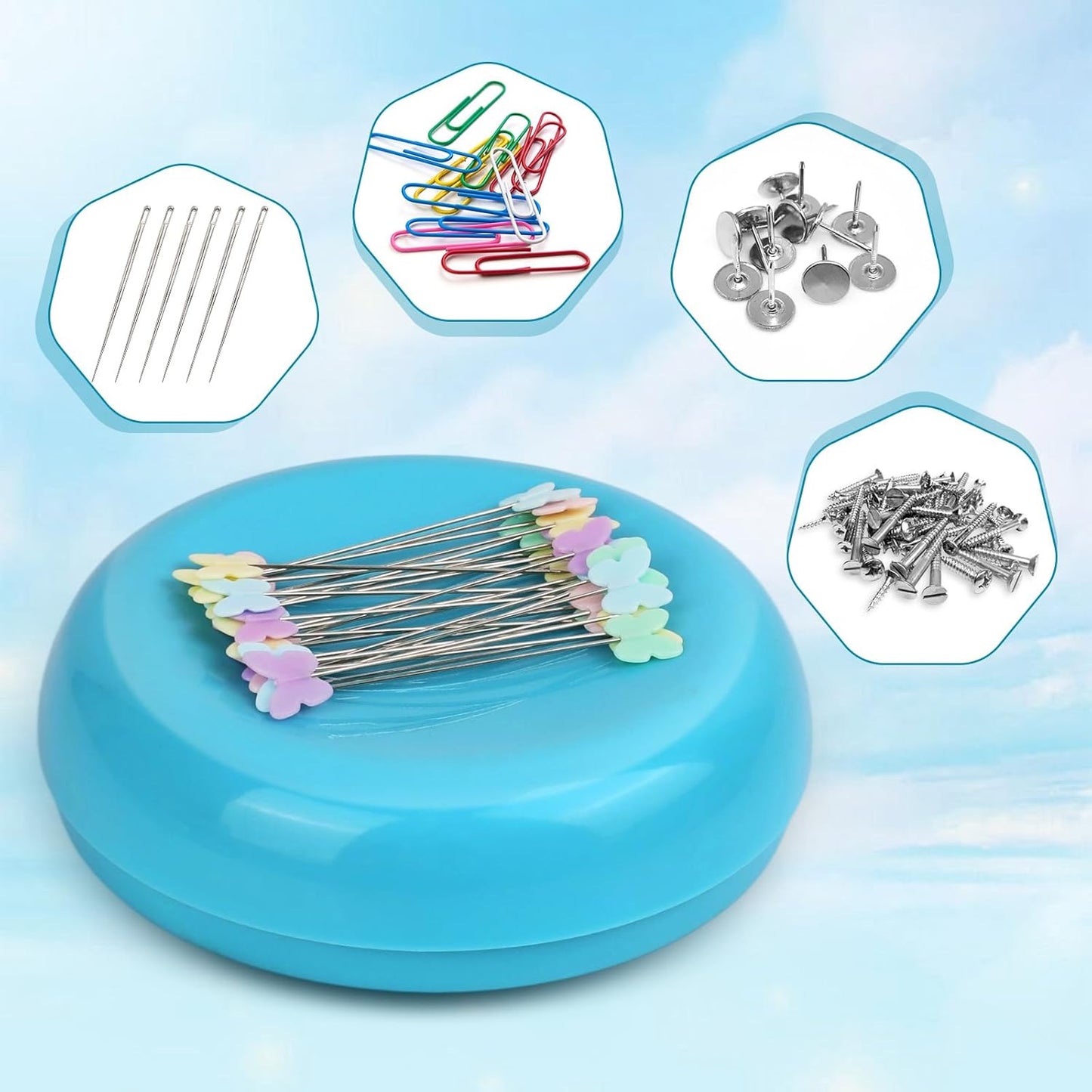 Oukitoymer Magnetic Pin Cushion with 100pcs Butterfly Head Straight Pins, Bobby Pin Holder for Sewing, Magnet Needle Cushion, Paper Clip Collector, Secure Pin Storager, Sewing & Quilting Accessories