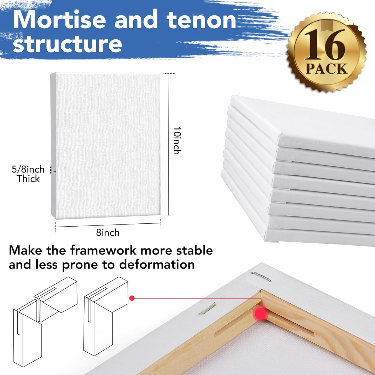 ESRICH Canvas for Painting 8x10, 16 Pack Stretched Canvas, Primed Acid-Free Cotton Paint Canvas Bulk, White Blank Canvases for Painting for Oil & Acrylic Paint.