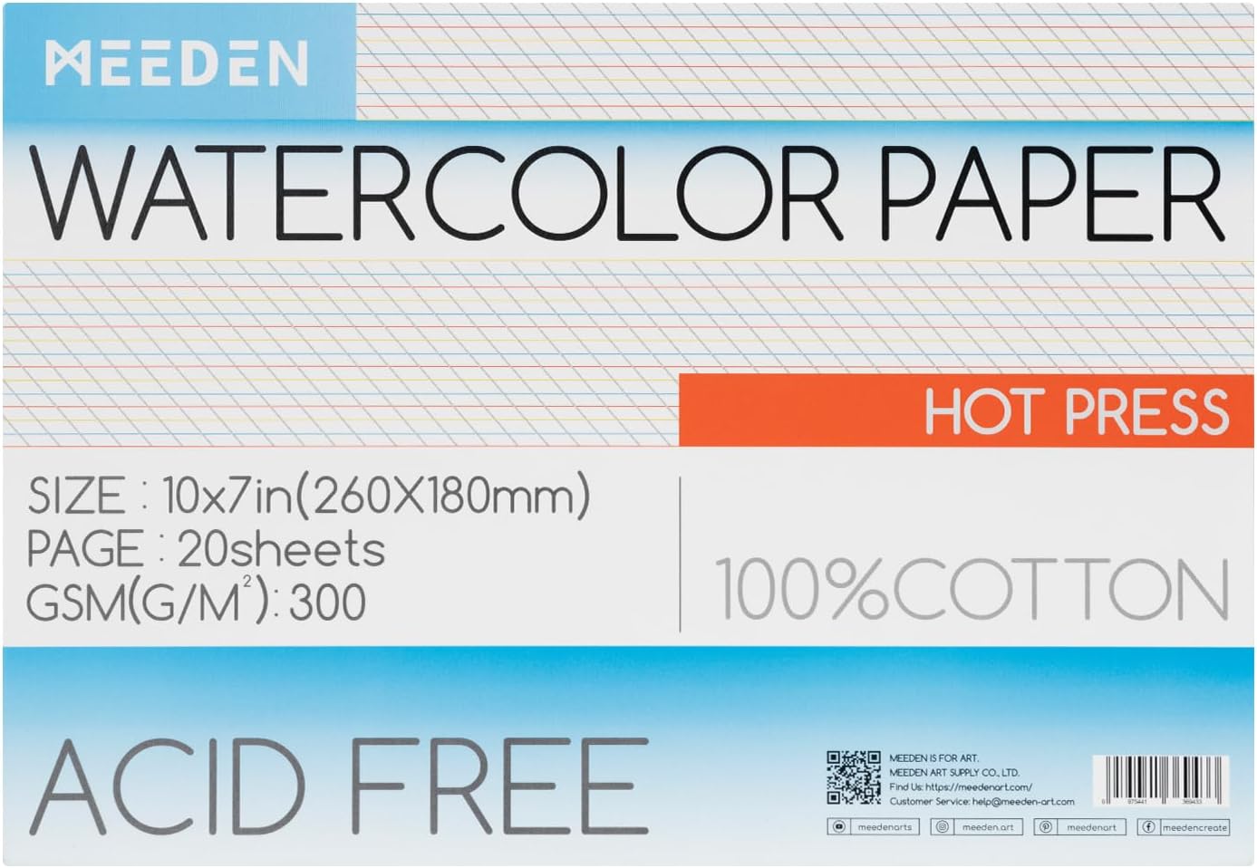 MEEDEN Watercolor Paper Block, 100% Cotton Watercolor Paper Pad of 20 Sheets, 140lb/300gsm, Acid-Free Art Paper for Watercolor, Gouache, Ink and More, 10" x 7" Hot Press