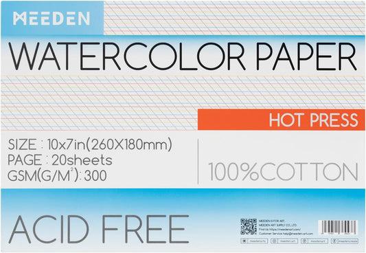 MEEDEN Watercolor Paper Block, 100% Cotton Watercolor Paper Pad of 20 Sheets, 140lb/300gsm, Acid-Free Art Paper for Watercolor, Gouache, Ink and More, 10" x 7" Hot Press