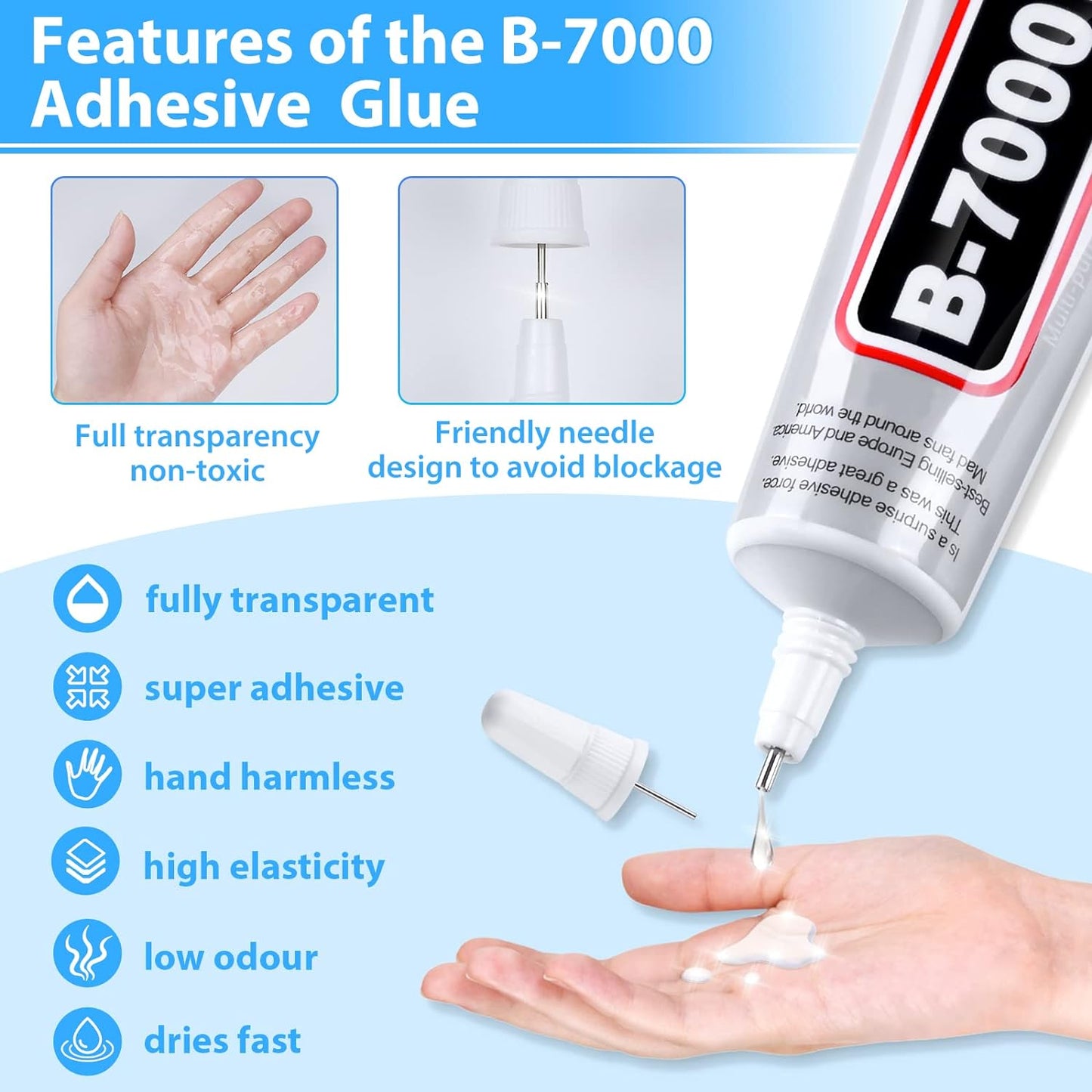 B-7000 Super Adhesive Glue, Industrial Strength B7000 Glues Paste for Rhinestones Crafts, Clothes Shoes, Fabric, Jewelry Making, Cell Phones, Tablet, Wood, Rubber, Leather (2x50 ml/1.68 oz)