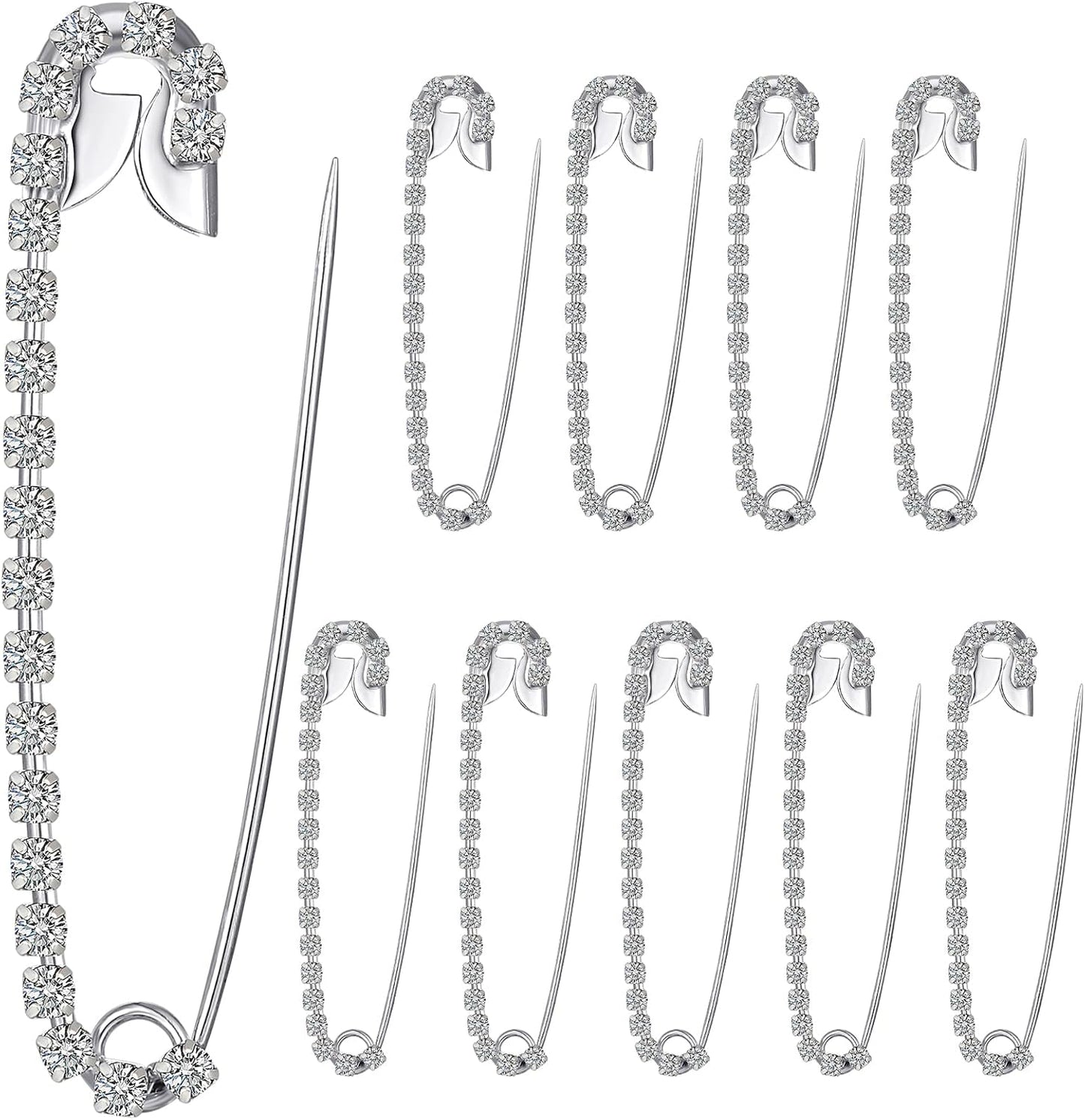 Housweety 10 Silver Tone Rhinestone Safety Pins Brooches 5.8x1.2cm