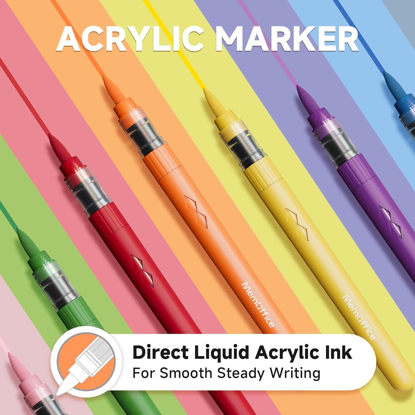 MemOffice Direct Liquid Acrylic Paint Markers, 24 Colors Brush Tip Pens with Carrying Case, No Bleed, Waterproof, for Rock, Wood, Canvas, Glass, Fabric, DIY Crafts for Adults & Kids