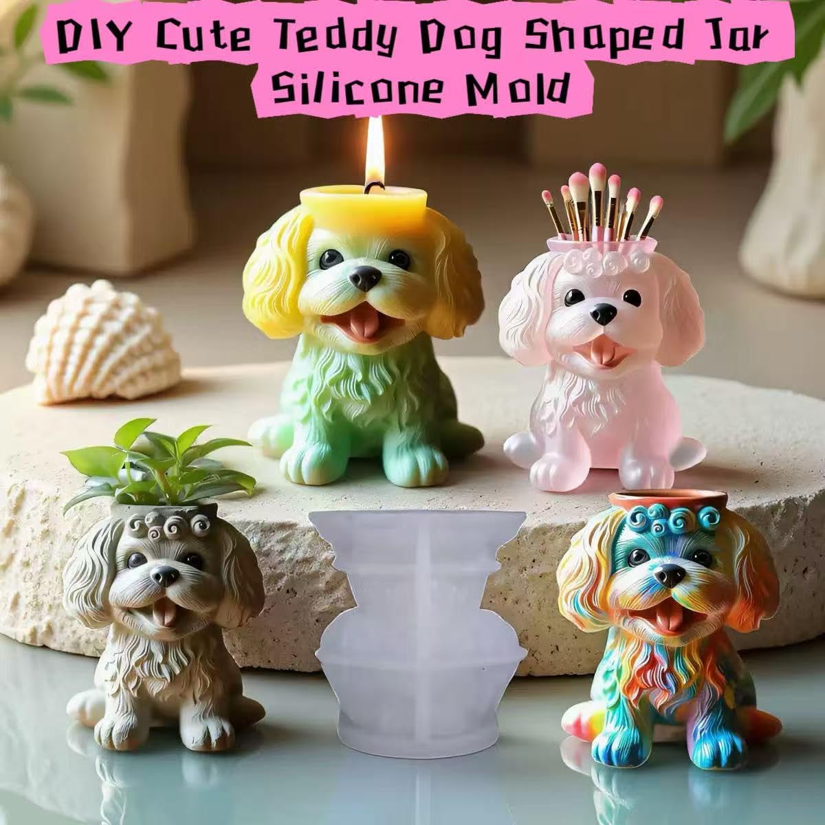 Animal Resin Molds Silicone 3D Cute Teddy Dog Epoxy Resin Plaster Candle Holder Wax Molds for Candle Making, Art Crafts DIY Unique Display Home Decor