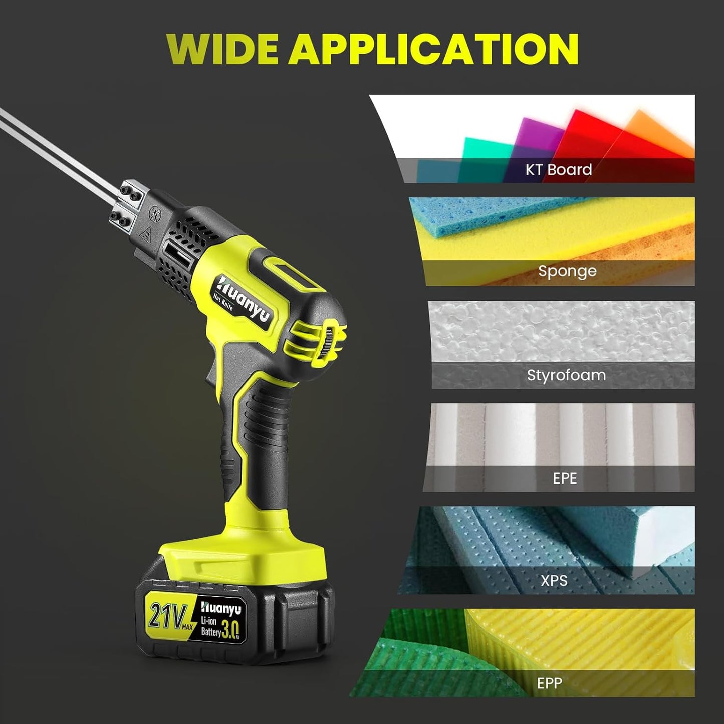 Huanyu Cordless Hot Knife with Temperature Display 100W Max 500℃ 3.0Ah Battery Powered Air Cooling Cutting Tool 2 Blades 4"+6" Set Electric Hot Knife for Styrofoam, Rope, Fabric, Acrylic