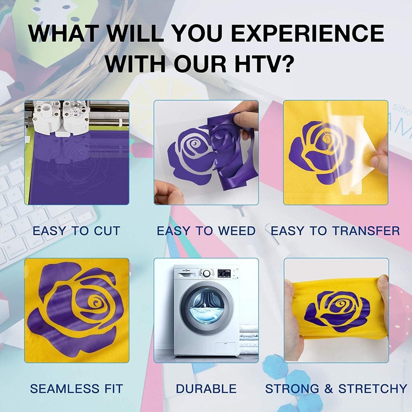 HTVRONT HTV Heat Transfer Vinyl - 12" x 8ft Purple HTV Vinyl for Shirts, Iron on Vinyl for All Cutting Machine - Easy to Cut & Weed for Craft Design (Purple)