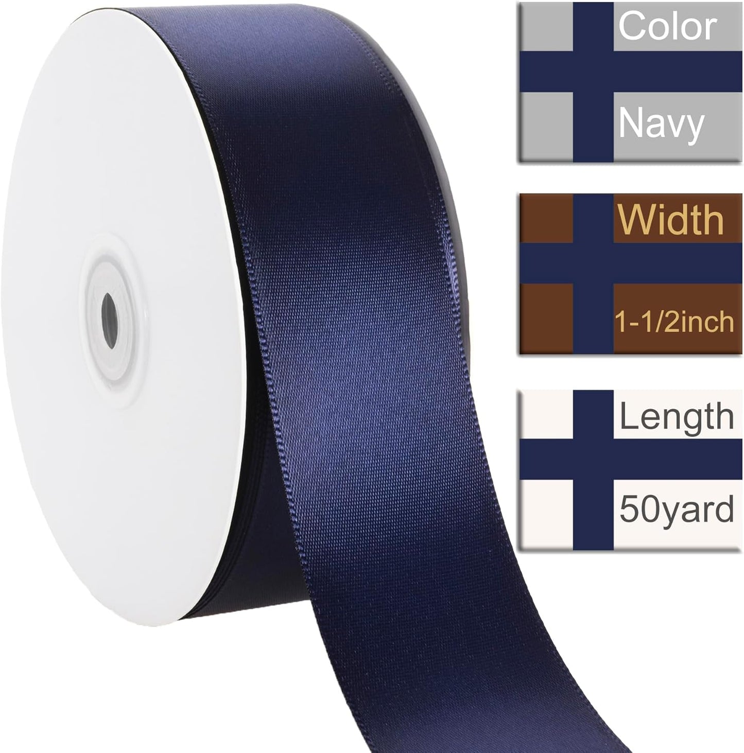1-1/2 Inch Navy Blue Ribbon, 50 Yards Craft Polyester Satin Ribbon Perfect for Gift Wrapping, Handmade Roses, Wedding Party Decorations and DIY Crafts