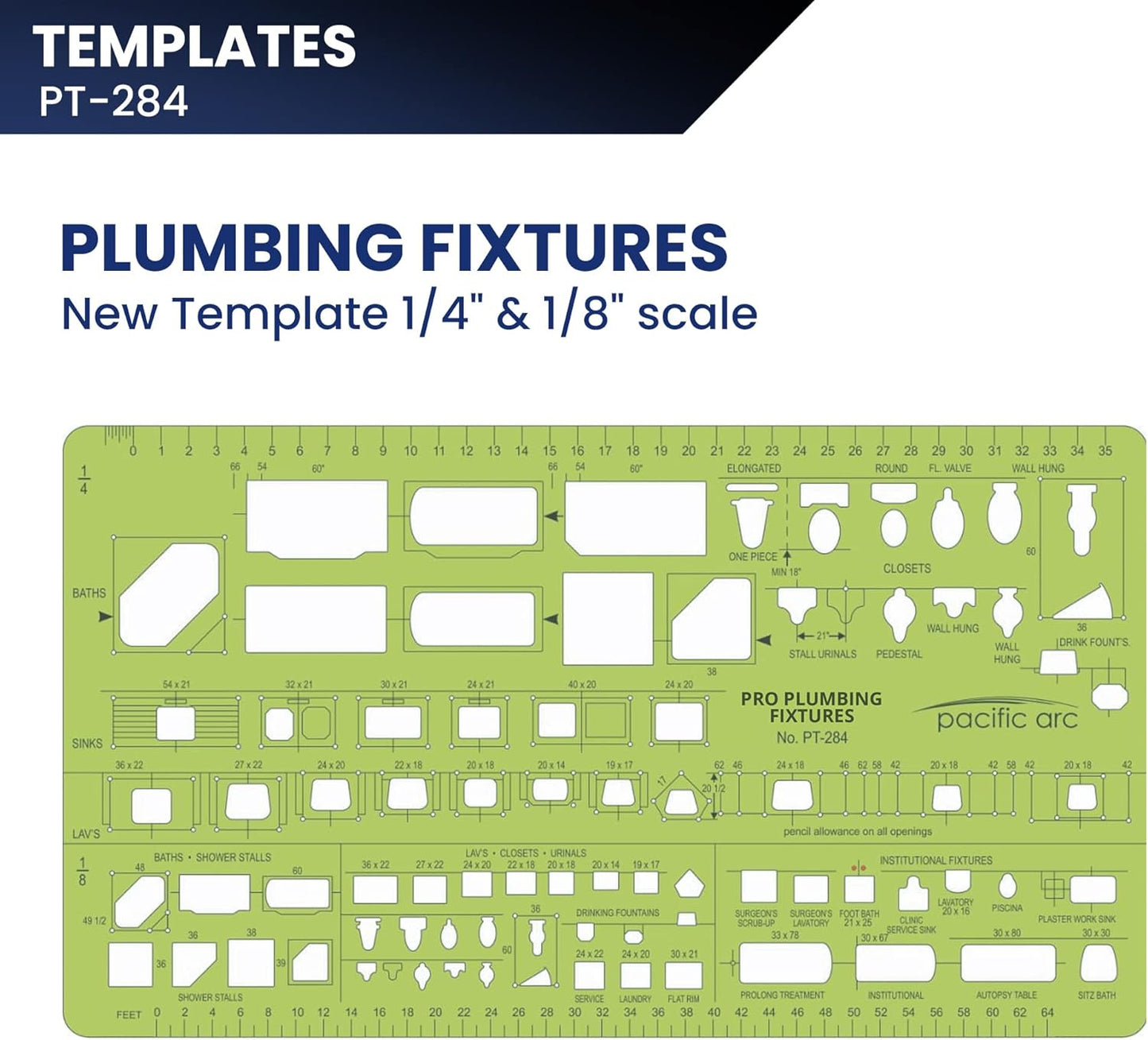 Pacific Arc, Plumbing Fixtures Template, 1/4 & 1/8 Scale. Drawing aid Stencil for Professional or School Work. Size 3.5 x 6 inch.