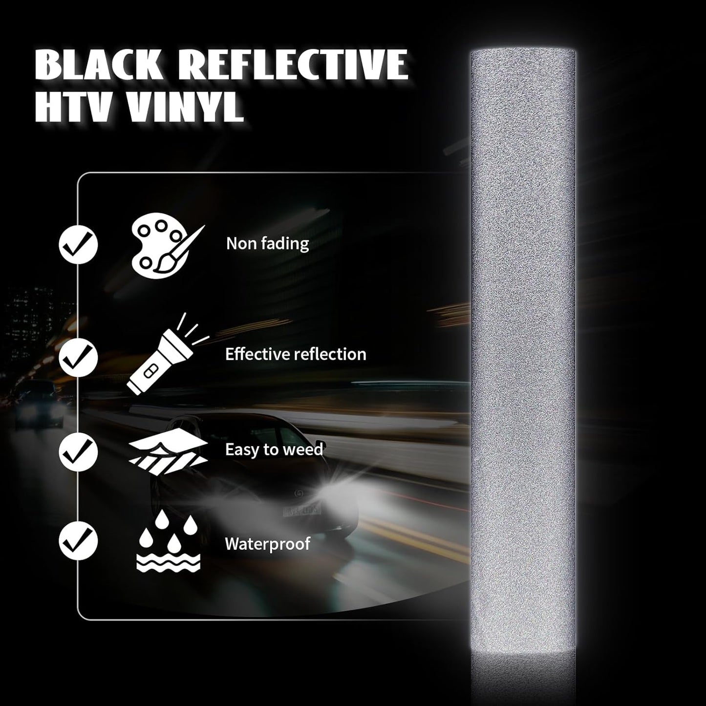 GIRAFVINYL Black Reflective Vinyl - 12" x 7' Iron on HTV for T-Shirt, Easy to Weed Heat Transfer Vinyl