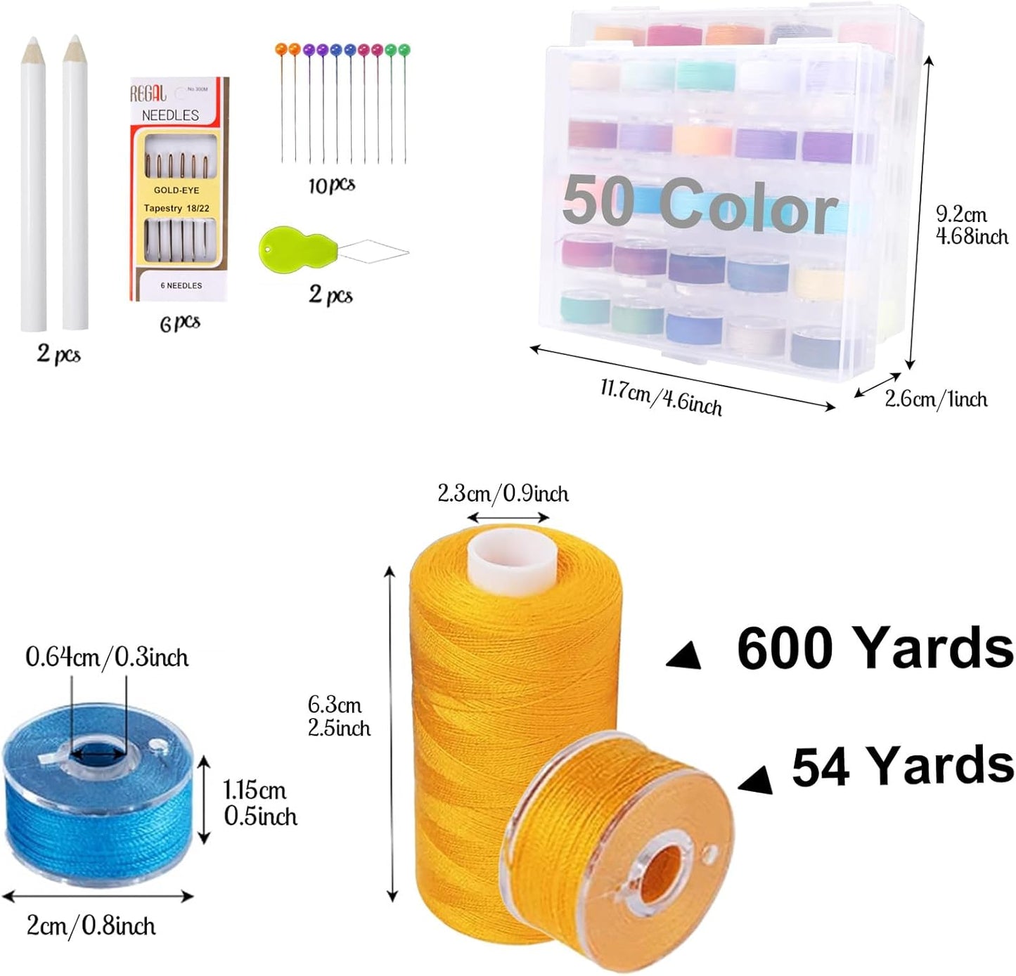 124 Pcs Pre Wound Bobbins Sewing Thread, 50 Colors Polyester Sewing Thread Kit, 500 Yard Thread for Sewing Machine, Beginners, Stitching, Travel, DIY, Sewing Supplies