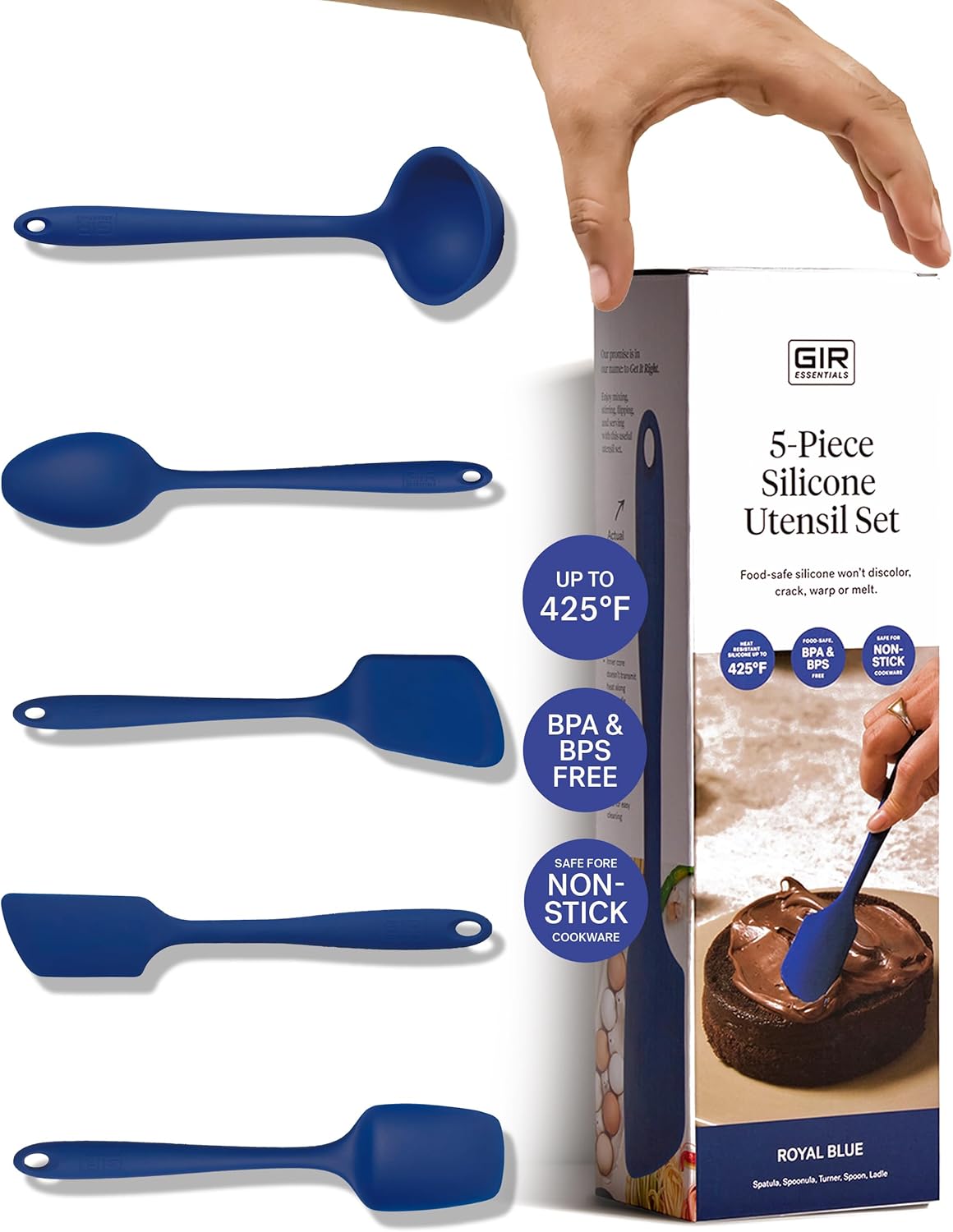 GIR: Get It Right - 5 Piece Essentials All Purpose Set - Ladle, Spatula, Flip, Spoon & Spoonula, Non-stick, Heat Resistant, Dishwasher Safe, Kitchen Utensils, Baking Supplies - Royal Blue