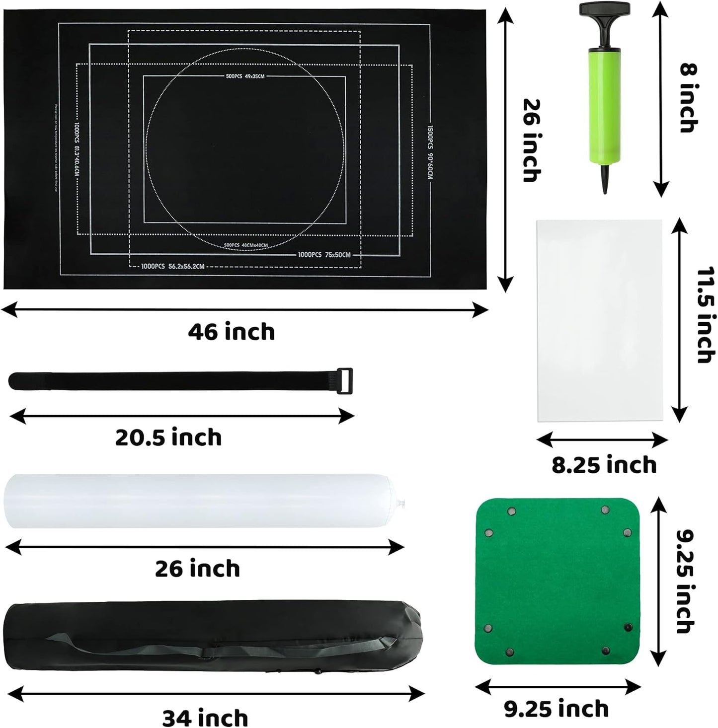 Portable Puzzle Mat Roll Up - with 9 Glue Sheets, Sorting Trays, Hand Pump, Inflatable Tube, and Storage Bag - Perfect for Kids and Adults (Black, 1500pcs)