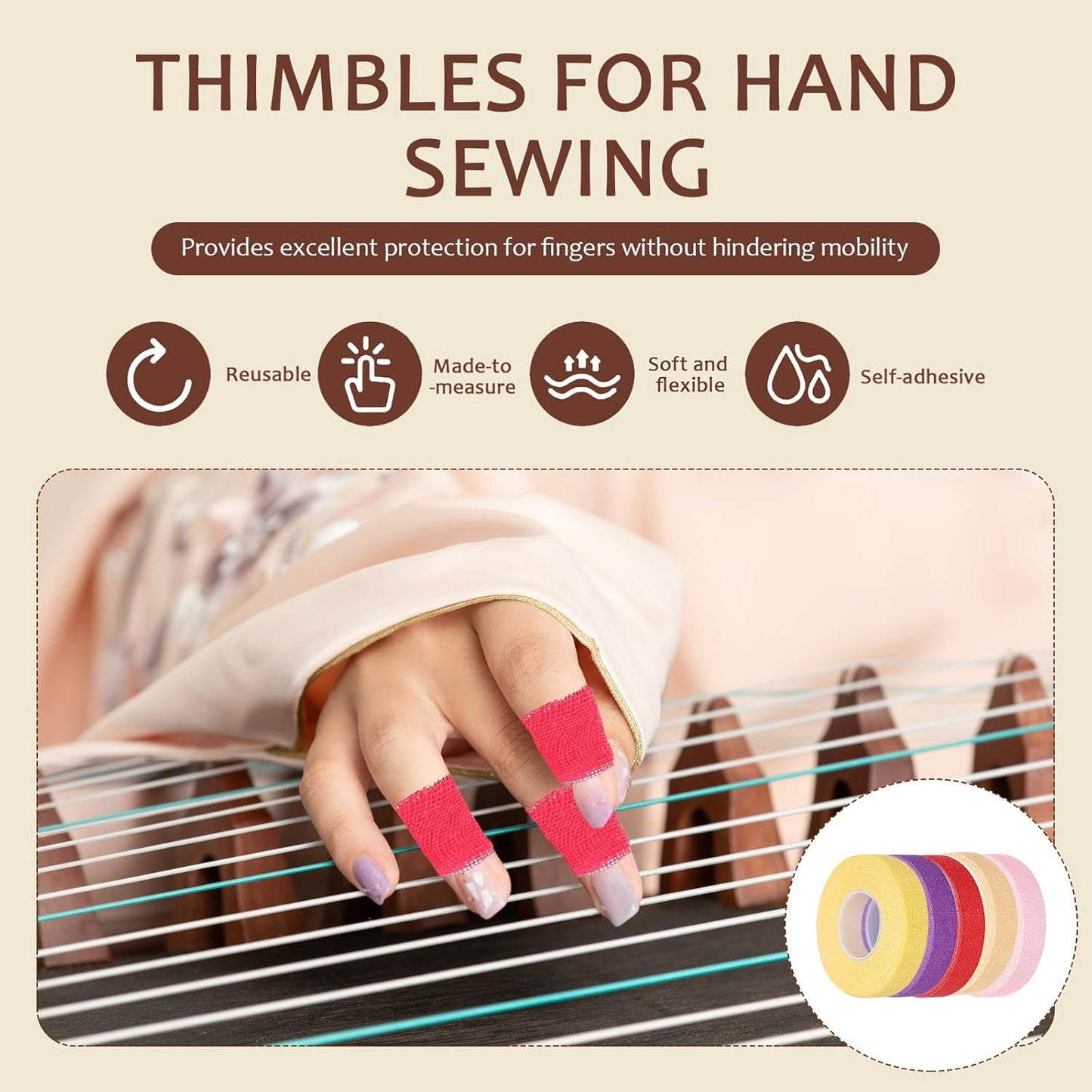 5 PCS Thimble Tape for Hand Sewing, Adjustable Sewing Thimble Finger Protector Tape, Comes with 1 Small Pair of Scissors, Suitable for Tailors and Home DIY Enthusiasts - Multicolor