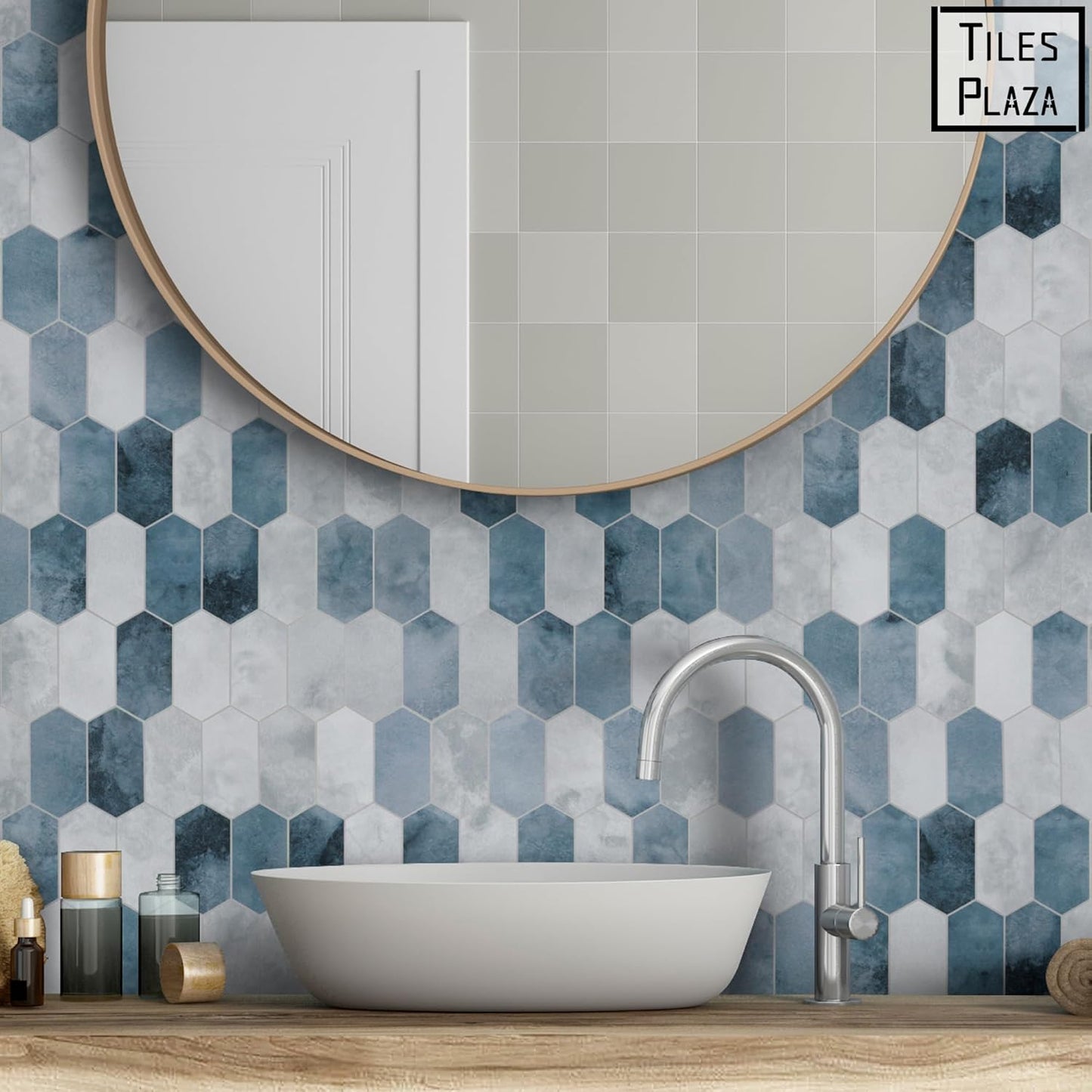 The Tiles Plaza 10-Sheet Peel and Stick Backsplash, Blue Cement Long Hexagon Self Adhesive Wall Tile, Stone Composite Stick On Decorative Mosaic Tile for Kitchen Bathroom Fireplace