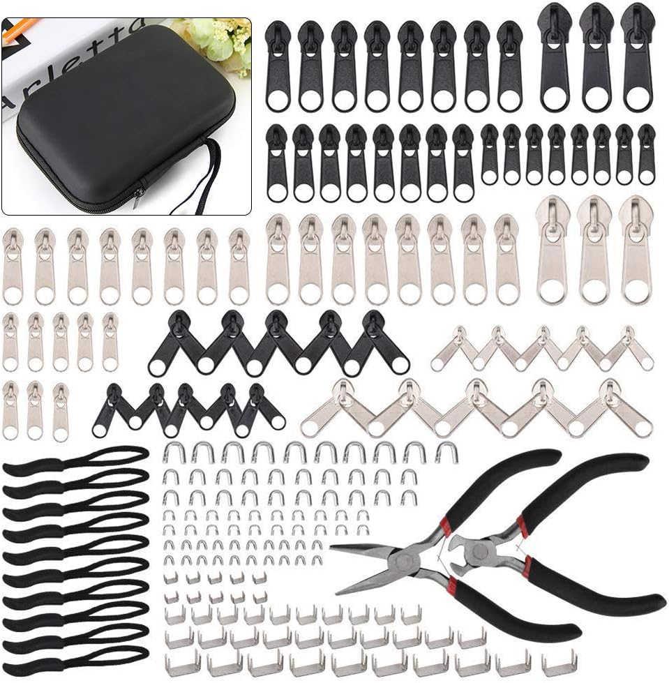 Zipper Repair Kit 197 Pcs, Zipper Replacement with Two Installation Pliers for Sleeping Bags, Jacket, Tent, Luggage, Backpacks