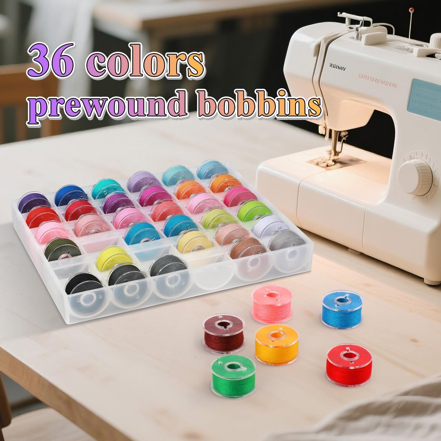 Auvitaya 72pcs Bobbins Sewing Thread Kits, 36 Colors 400 Yards per Spool Polyester Threads with Needles & Threader, Prewound Bobbin Set for Hand and Machine Sewing, DIY and Home