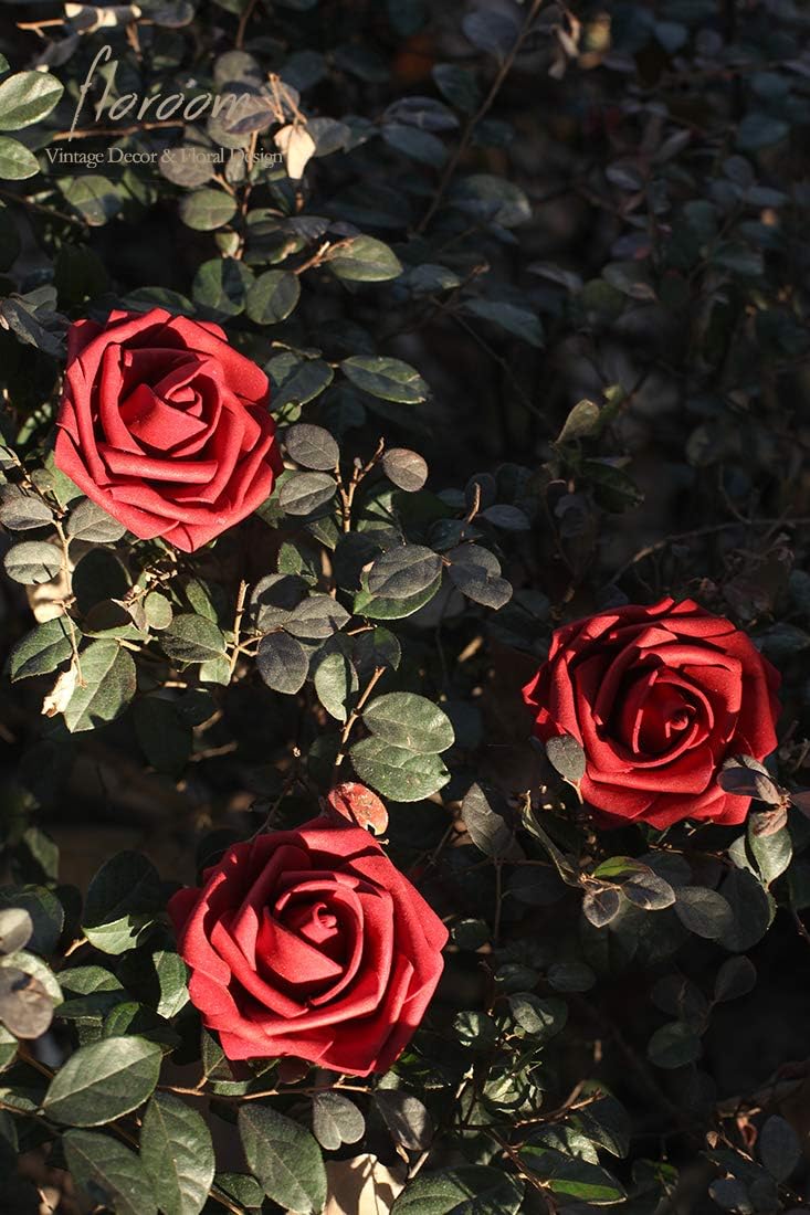 Floroom Artificial Flowers 25pcs Real Looking Dark Red Foam Fake Roses with Stems for DIY Wedding Bouquets Bridal Shower Centerpieces Party Decorations