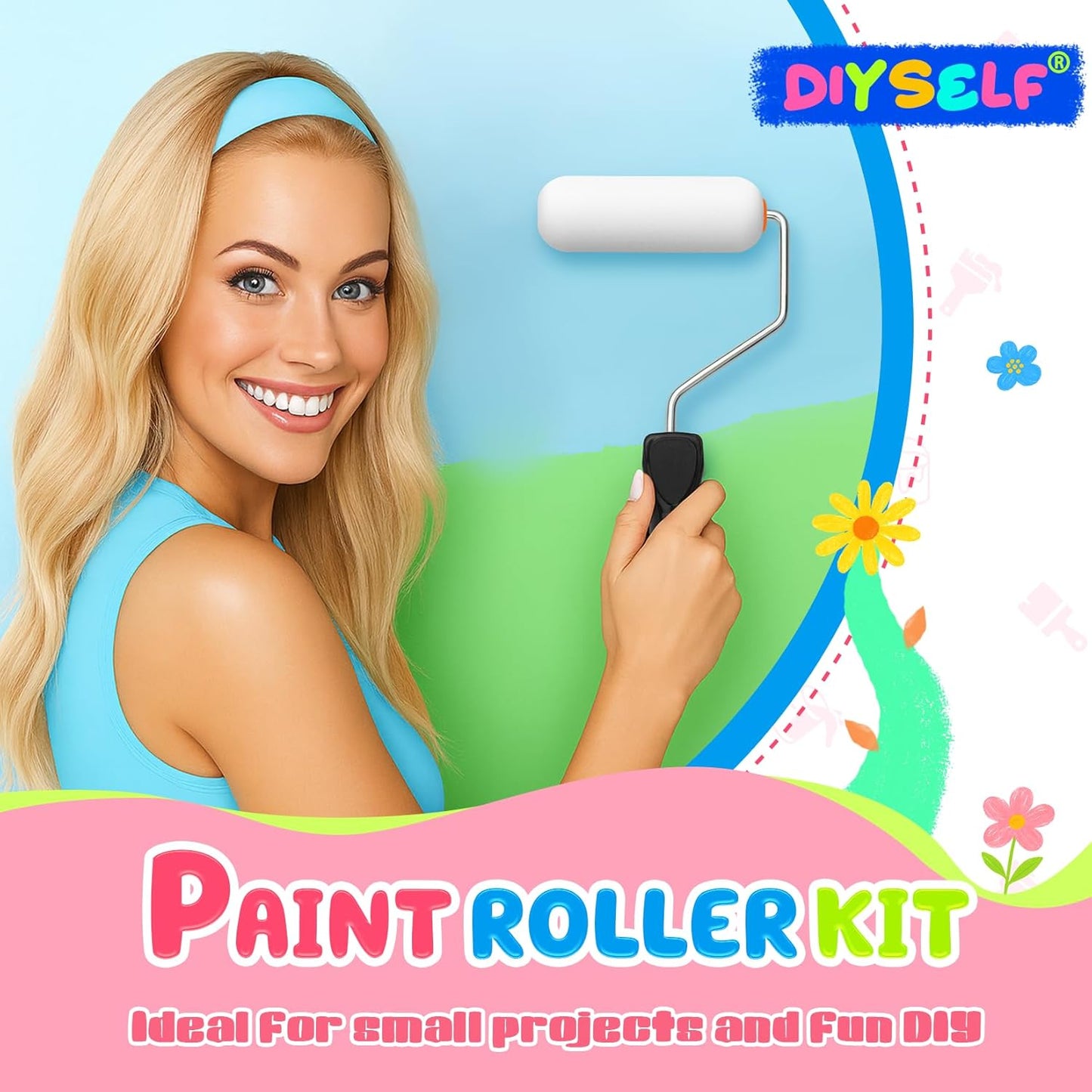 DIYSELF Paint Roller Kit - Foam Paint Roller 4 inch, Small Roller Paint Brush, Mini Rollers for Painting, Walls, Cabinets, Doors, House Painting Supplies, Professional Paint Roller Tray Set (10 Pack)