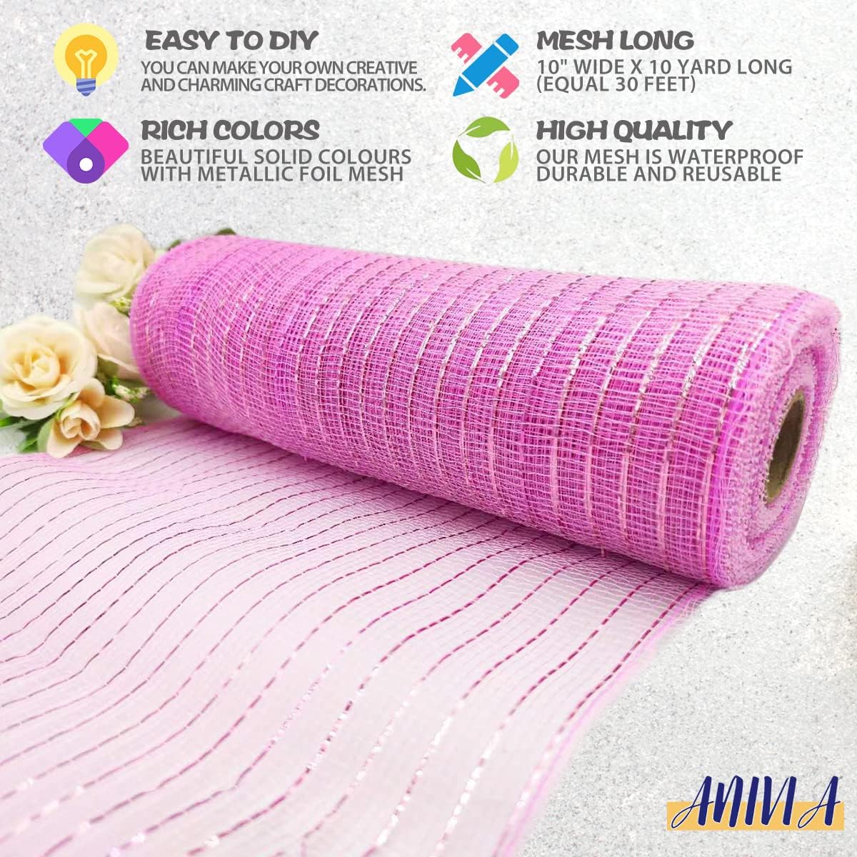 Anivia Deco Mesh Ribbon, 10inch x 30 Feet Each Roll Metallic Foil Mesh Ribbon for Wreaths Swags, Holloween, and Christmas Tree Decoration (Pink/Pink Foil)