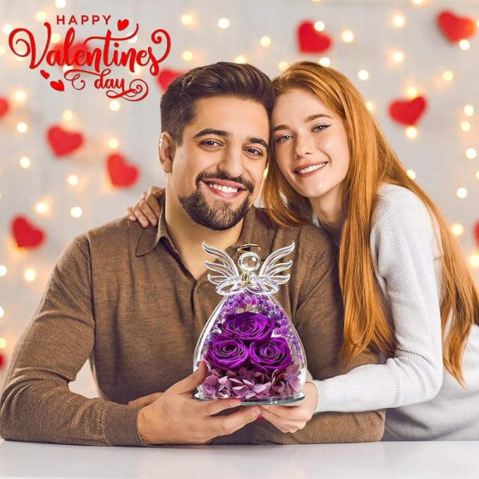 Beferr Valentines Day Rose Gifts for Her Women Mom Gifts for Birthday, Fresh Flowers for Delivery Forever Preserved Rose in Glass Angel Figurine, for Grandma Wife Daughter Girlfriend