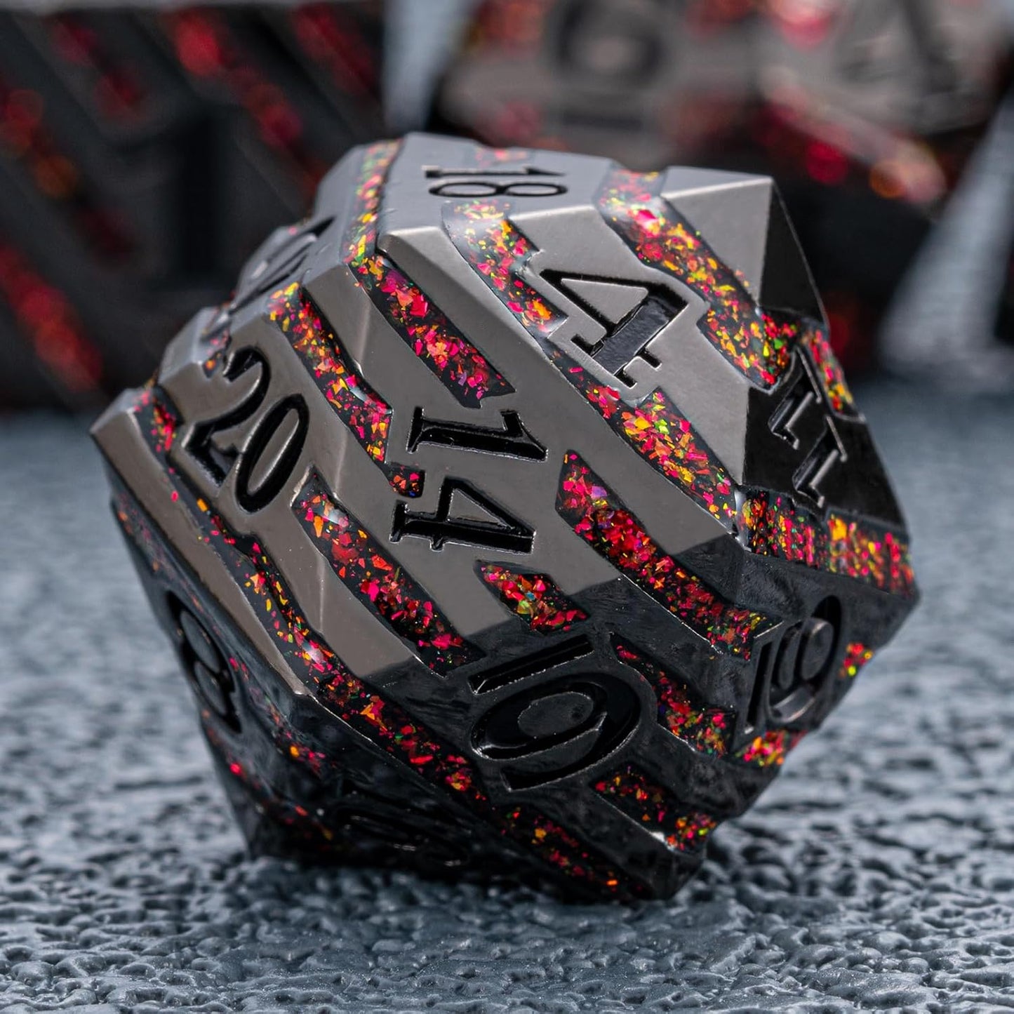 Metal Dice Set DND,Metallic Glitter Stripes D&D Dice Set,7 PCS Polyhedral Dice Set with Gift Case for Dungeons and Dragons Tabletop Game(Black Nickel Red)