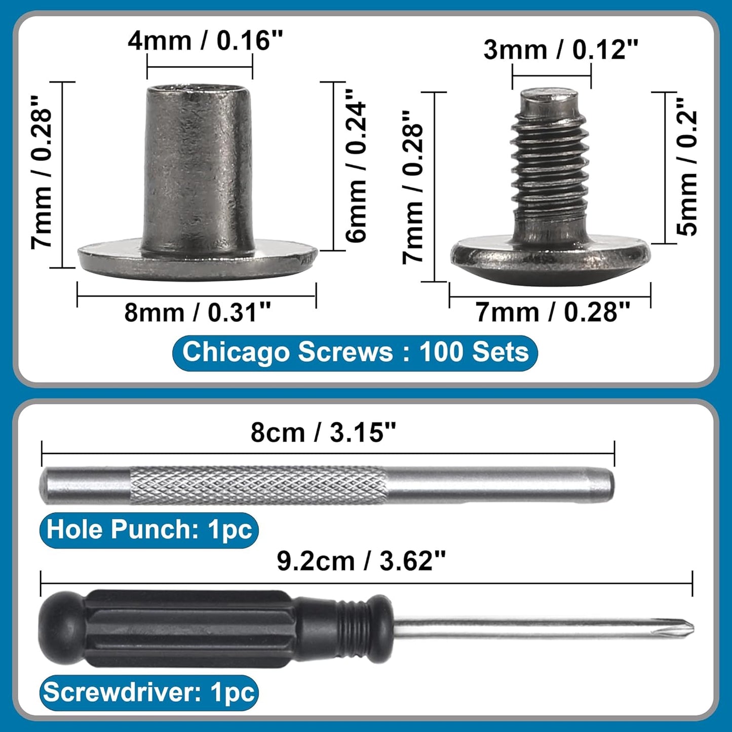 YORANYO 150 Sets 8MM Chicago Screws Leather Rivets for Fabric Chicago Binding Screws Buttons Metal Studs Rivets for Decorate and Repair Belts Bags Shoes Purse Dog Collar Leather Craft (Gun-Metal)