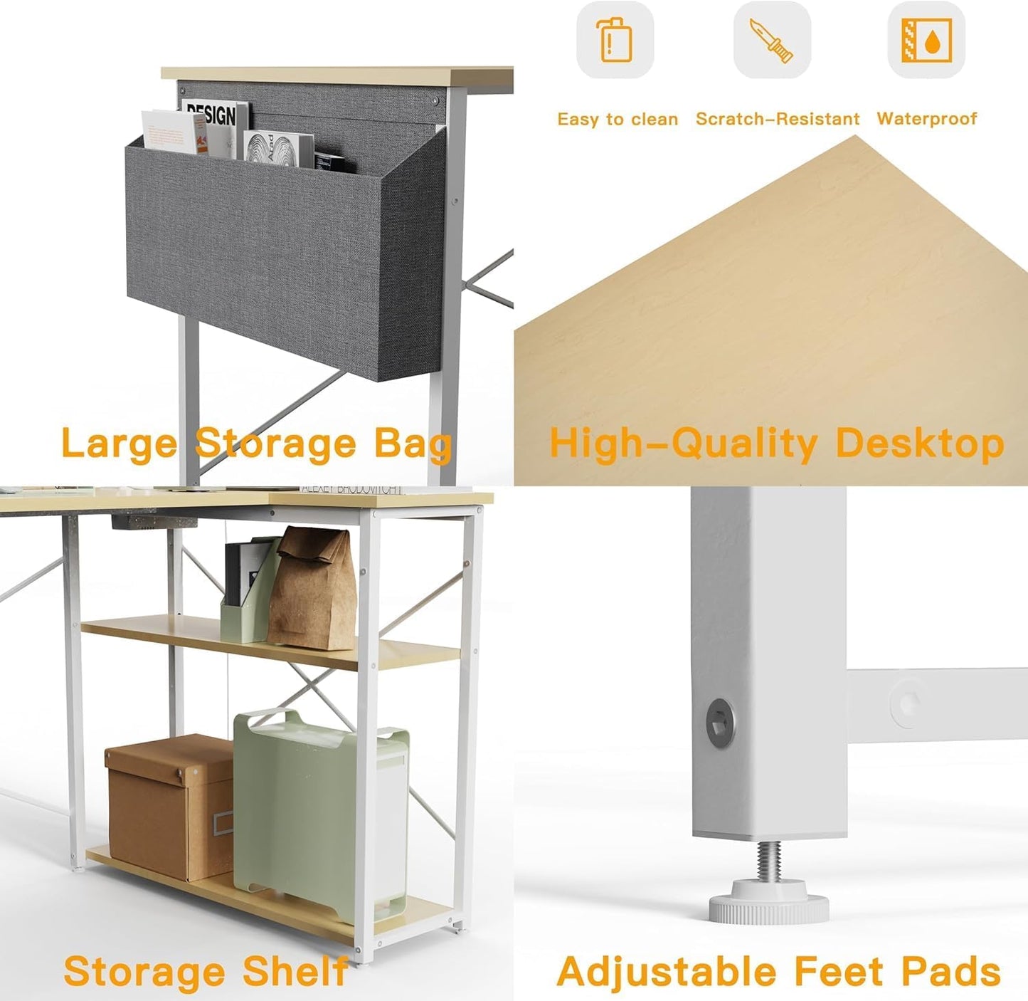TIQLAB L Shaped Computer Desk with Power Outlets, 55 Inch Small Corner Desk with Reversible Shelves, Gaming Desk Computer Table Study Writing Desk for Home Office Small Space, Beige