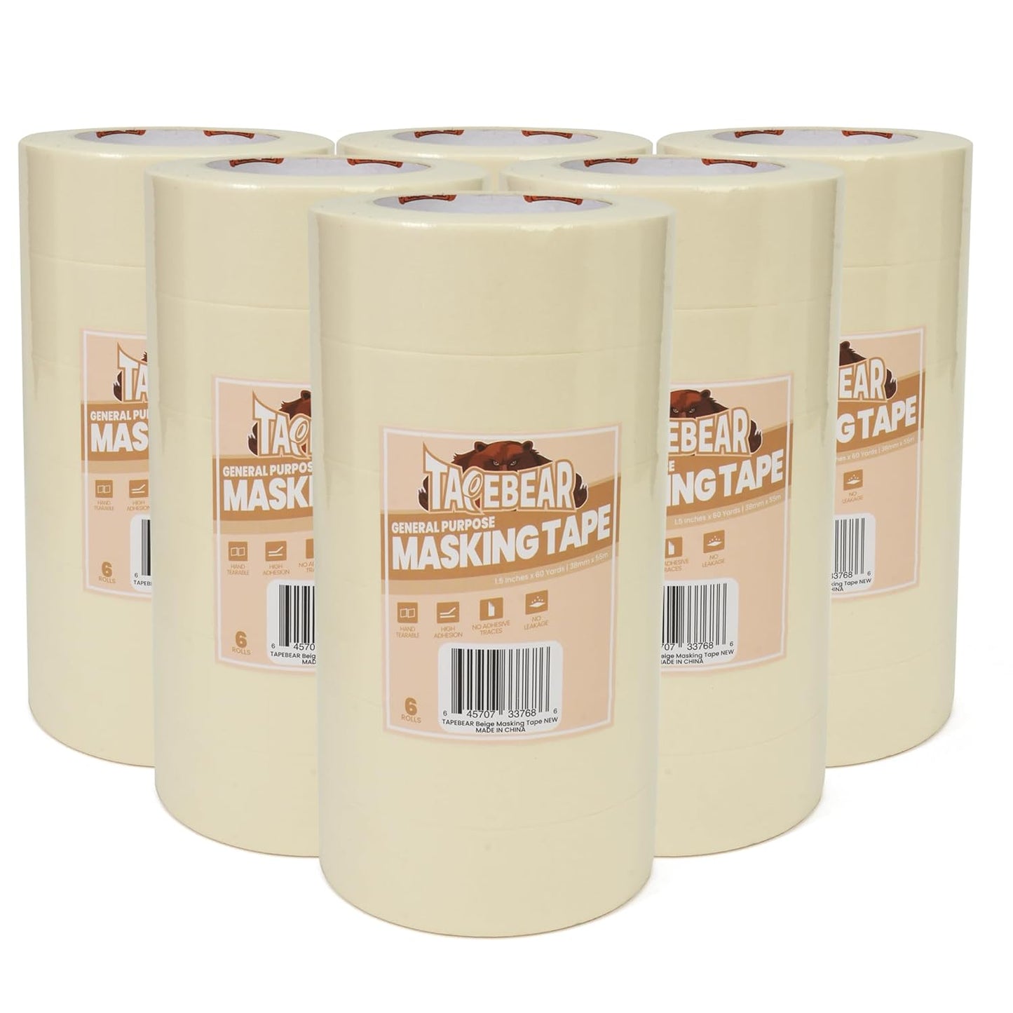 TAPEBEAR General Purpose Masking Tape 1.5 Inch x 60 Yards, Beige White Painters Tape for Painting, Labeling, DIY Arts Crafts, Home Office School Projects, 36 Rolls