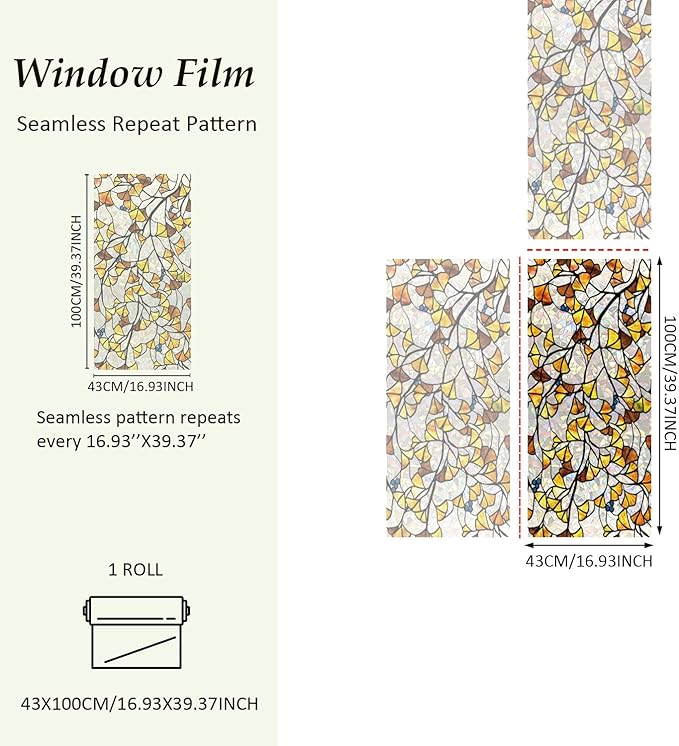 Fall Stained Glass Rainbow Window Privacy Film Autumn Leaf Window Cling, Stained Ginkgo Leaves, 39.37" x 16.93"
